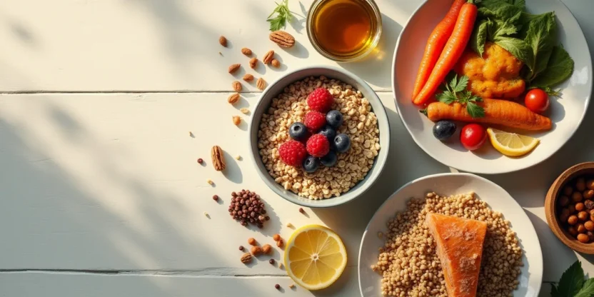 Flat-lay of balanced pre-diabetes–friendly foods including oats with berries, roasted vegetables, lean protein, wholegrains, fruit, and nuts.