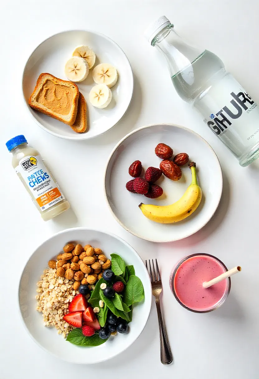 Flat-lay of pre-run snack, during-run fuel, and post-run recovery meal with electrolytes and water to show runner fueling timing.