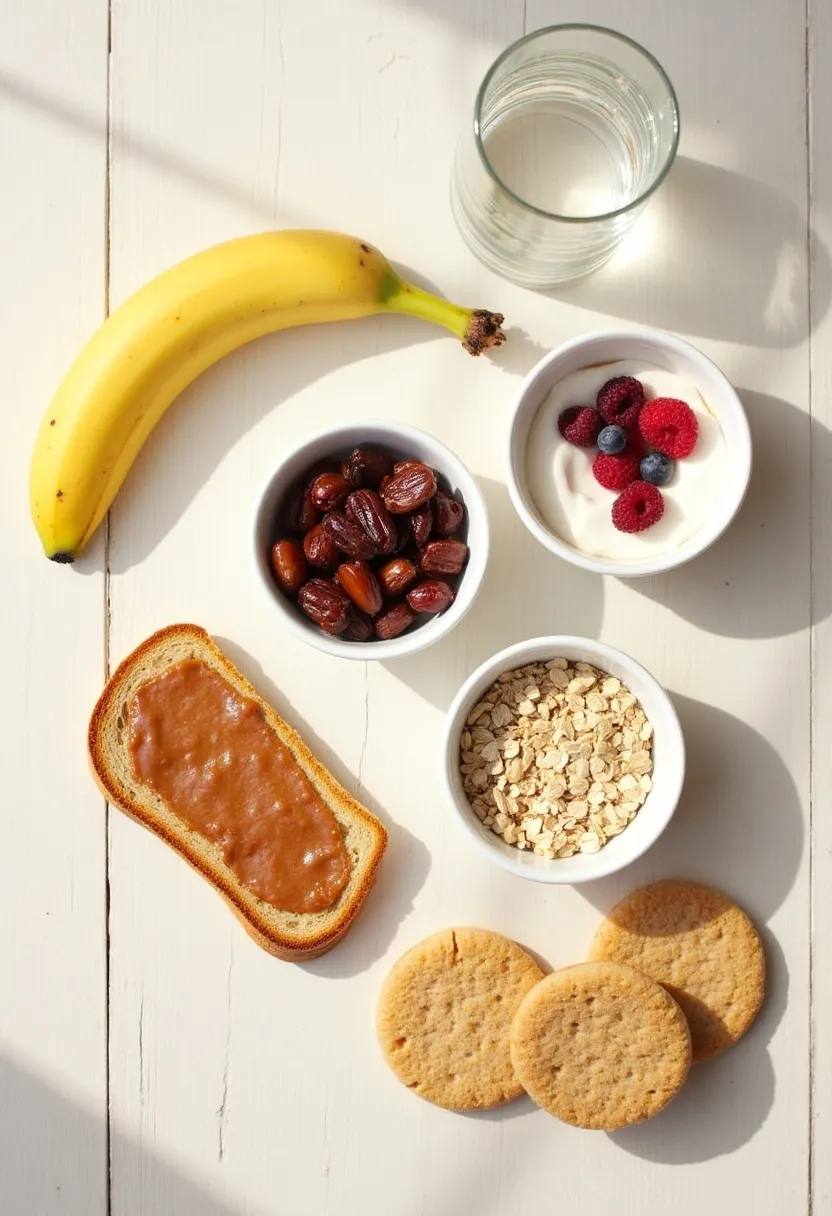 Flat-lay of light pre-workout foods including banana, dried fruit, yoghurt, toast with nut butter, oats, and rice cakes.