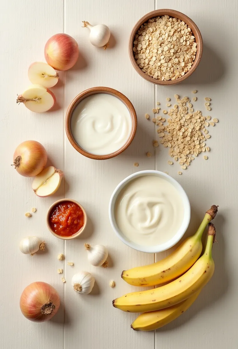 Flat-lay of probiotic foods like yoghurt and sauerkraut alongside prebiotic foods such as apples, oats, bananas, garlic, and onions.