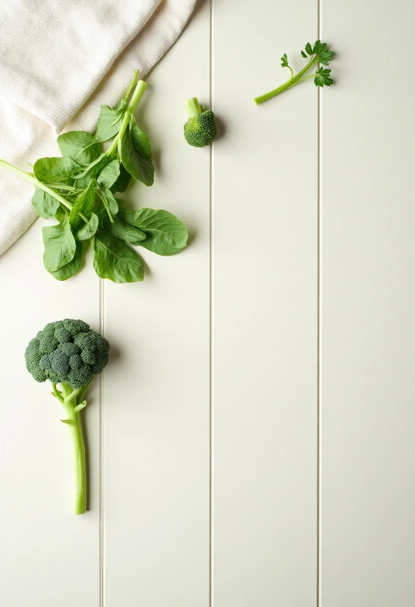 Minimal flat-lay of spinach, watercress, and broccoli arranged simply to highlight the quiet power of green vegetables.