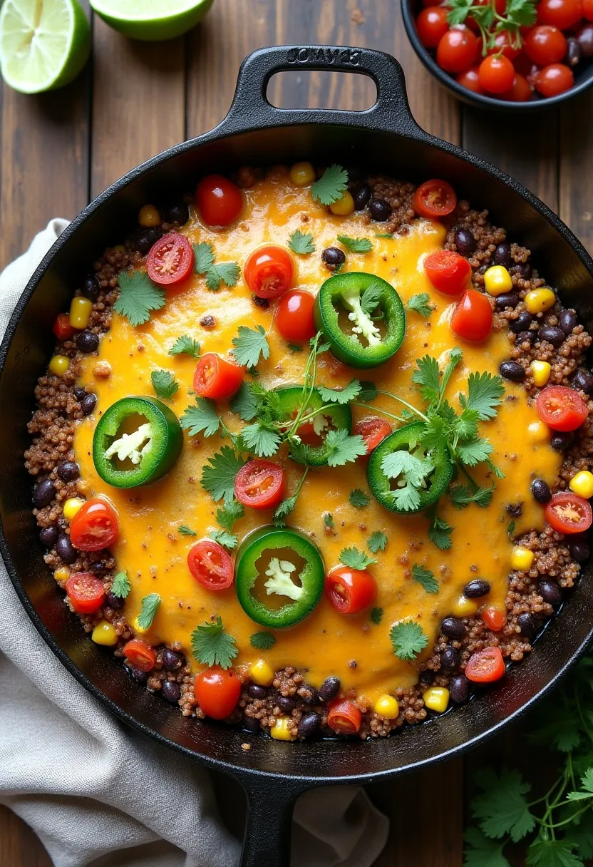 Colorful quinoa and black-bean taco bake in a cast-iron skillet with fresh herbs and lime wedges.