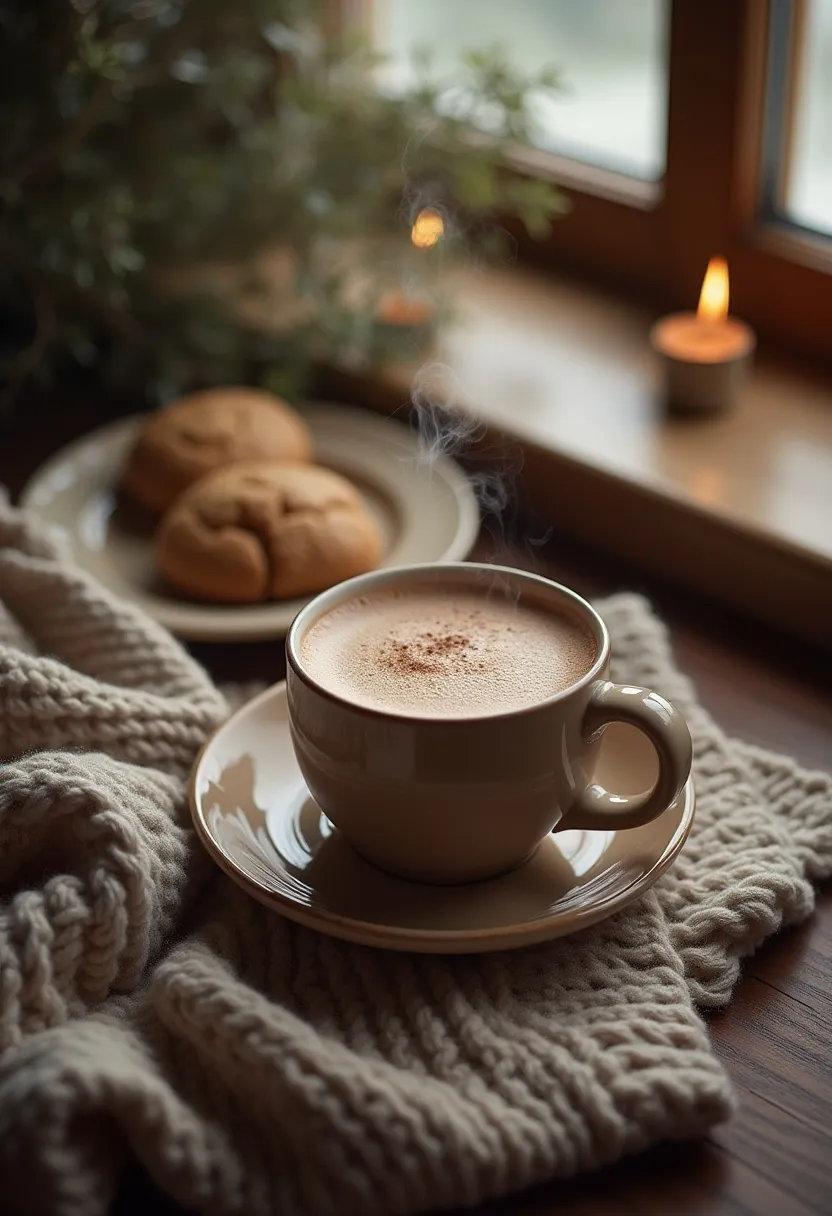 Cozy flat-lay with a warm drink, a small snack, and soft textures evoking a comforting rainy-day mood.