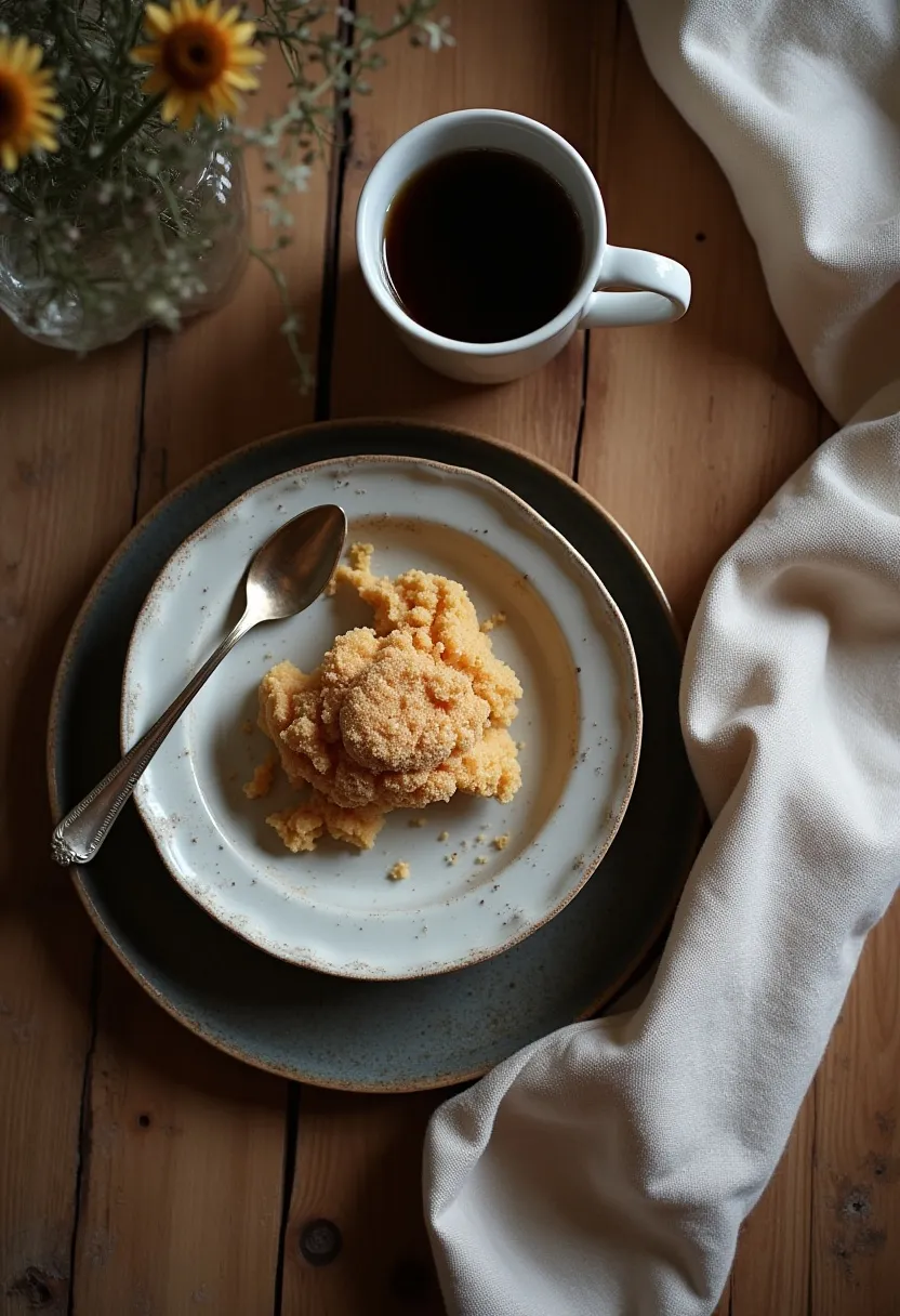 Cozy flat-lay of a partially enjoyed comforting meal with warm tones on a rustic wooden surface.