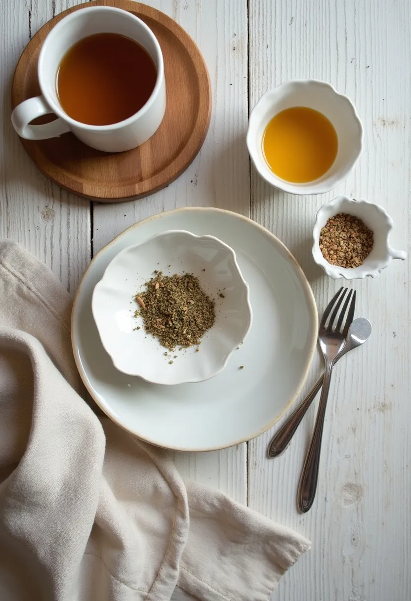 Cozy flat-lay with simple ingredients and a warm drink on a rustic surface, suggesting cooking guidance.