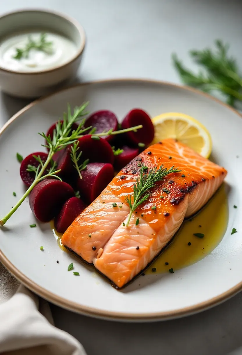 Roasted salmon with creamy dill yogurt sauce and fresh beet salad served on a clean white plate with herbs and lemon.