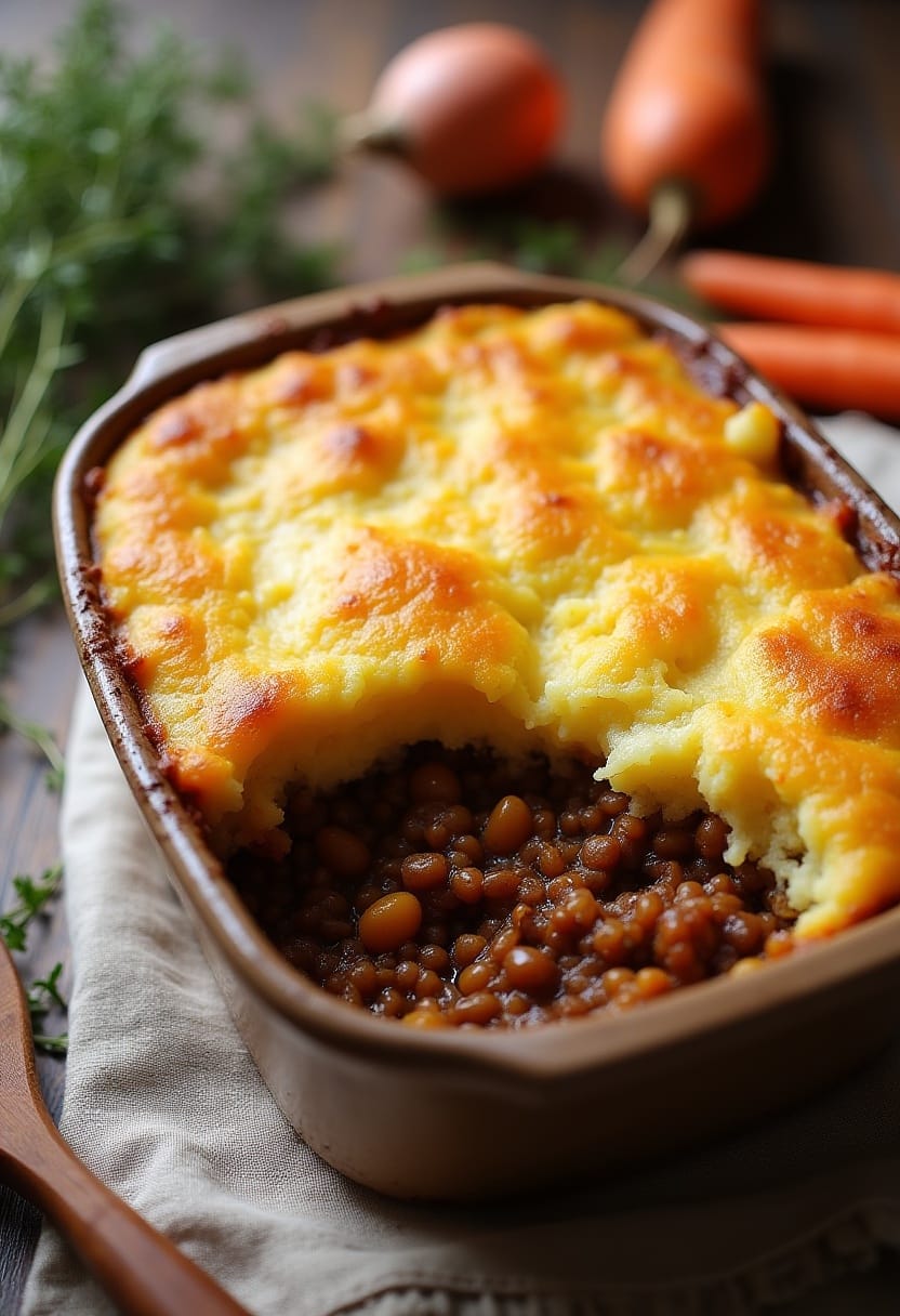 Vegetarian shepherd’s pie with golden root-vegetable topping and lentil filling in a rustic baking dish, styled in warm natural light.