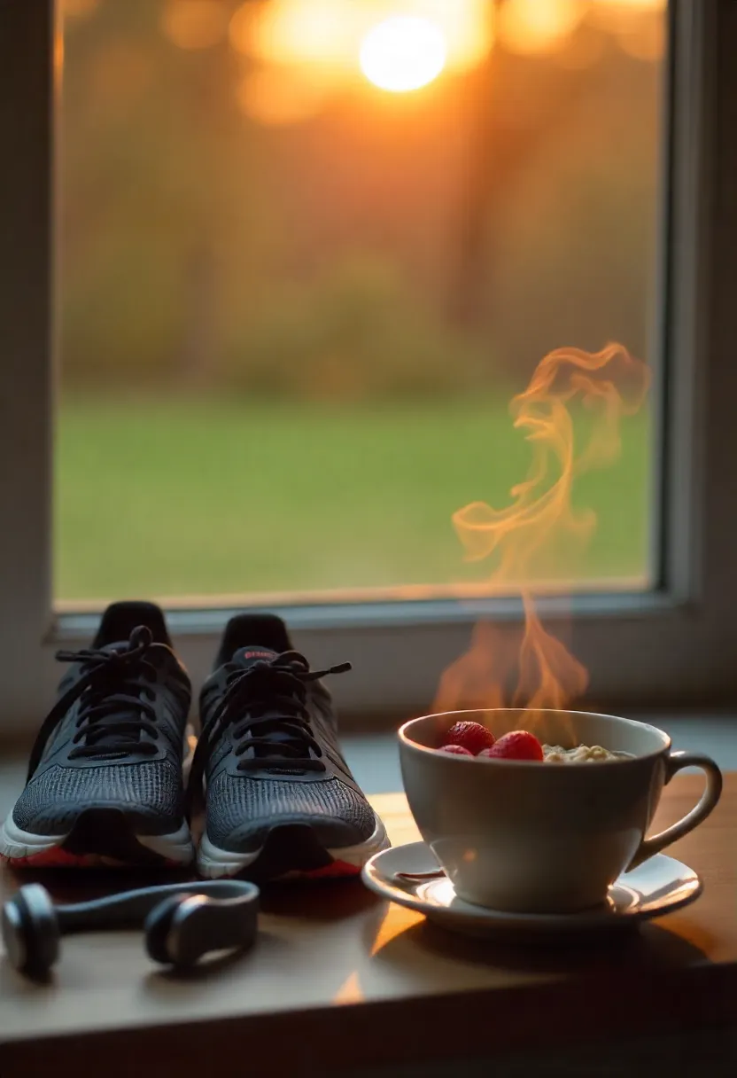Running shoes beside oatmeal and tea in soft morning light, symbolizing balanced running and nourishing recovery.