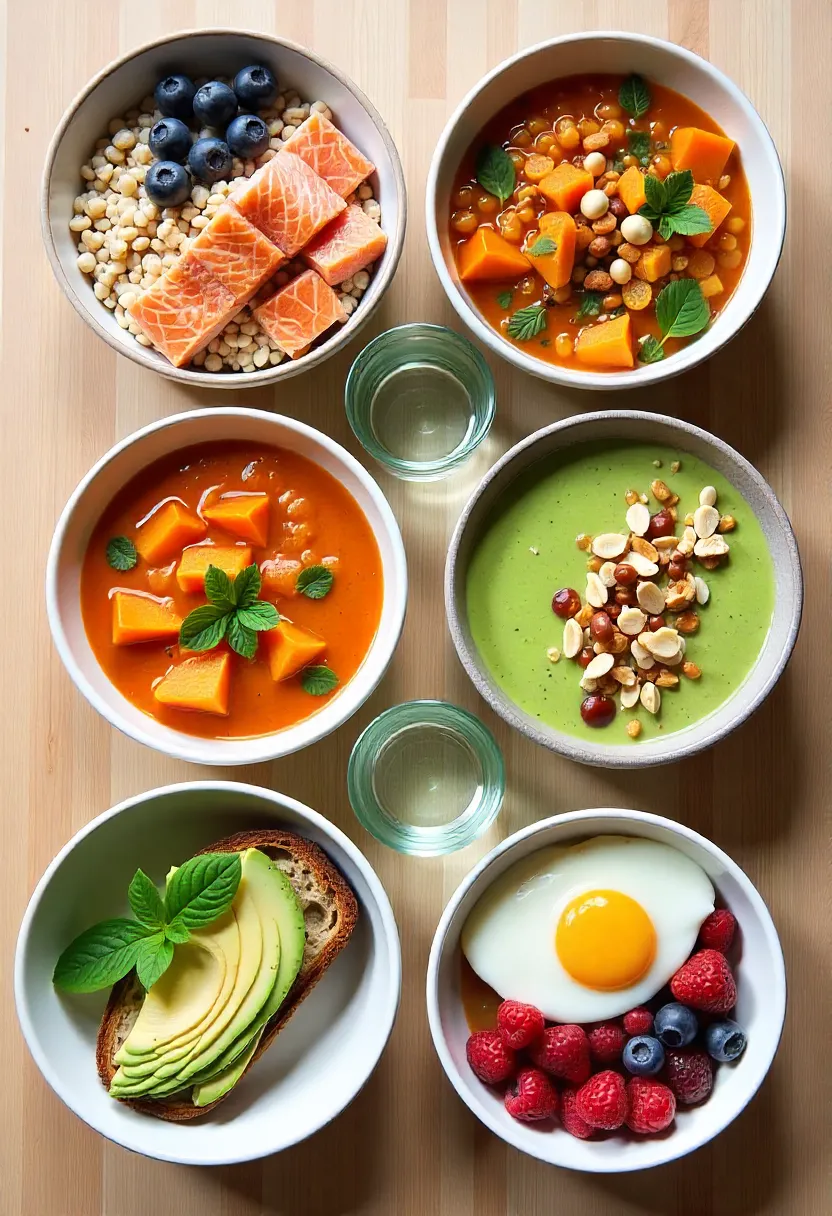Assorted healthy runner-friendly meals including oatmeal, grain bowls, soup, smoothie bowl, and yogurt snacks arranged as a daily meal plan.