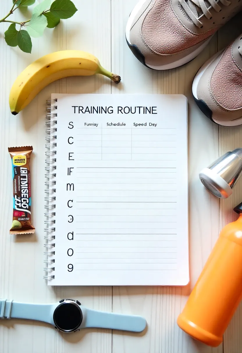 Flat-lay of running planner with shoes, water bottle, sports watch, and healthy snack showing weekly training stages.