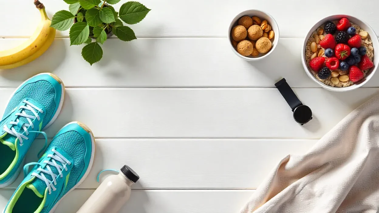 Flat-lay of running shoes, water bottle, oatmeal with berries, banana, nuts, and smoothie, symbolizing healthy nutrition for runners.