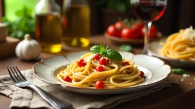 Rustic Italian kitchen table with a plate of spaghetti carbonara, cheese, basil, olive oil, fresh tomatoes, pasta nests, and wine in warm natural light.