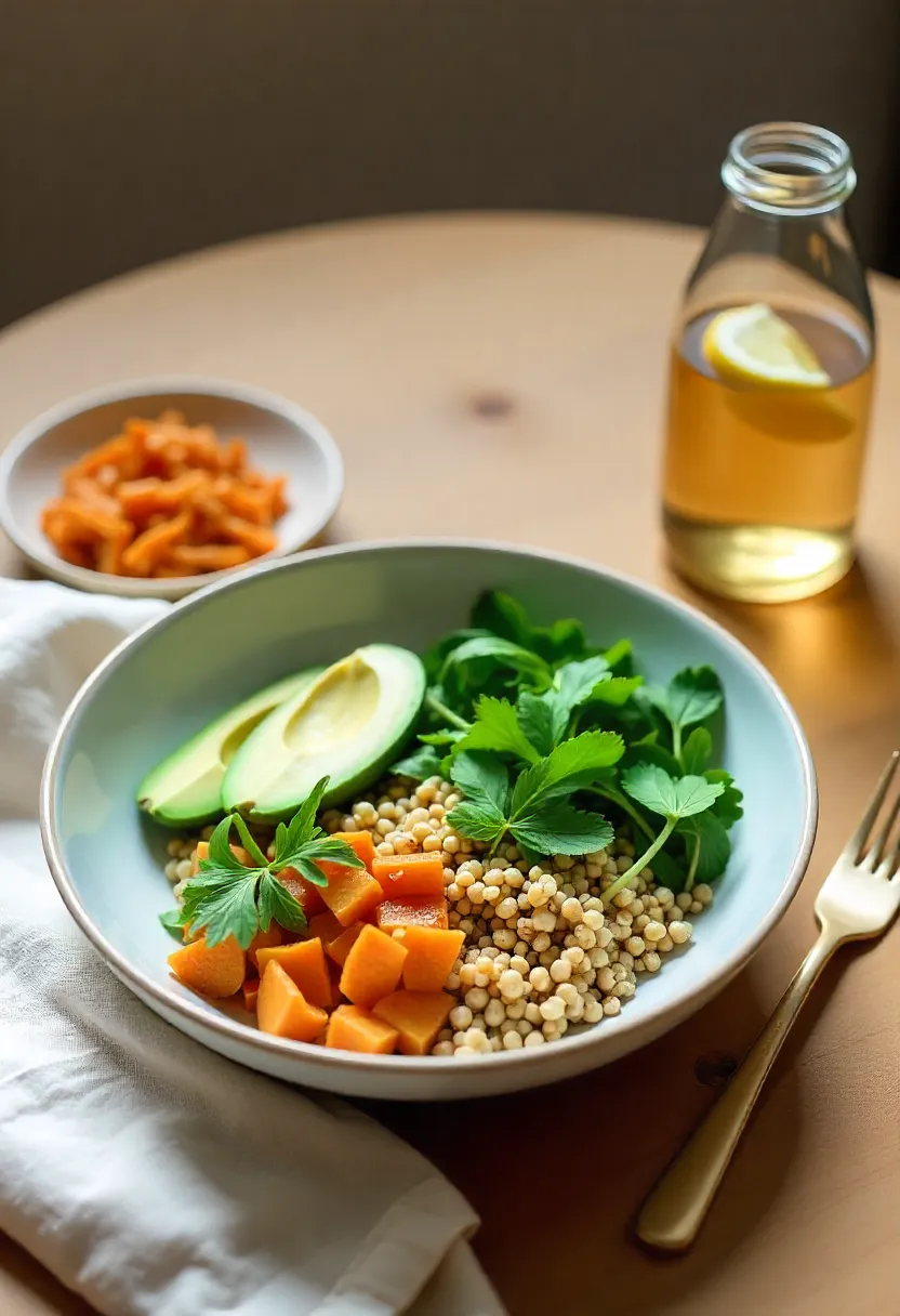 Wholesome detox meal with grains, greens, fermented vegetables, lemon water, and herbal tea on a natural wooden table.