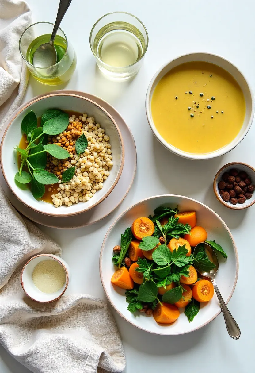 Daily gentle detox menu featuring a breakfast bowl, vegetable soup, light dinner with greens, lemon water, and herbal tea in a soft minimalist setting.