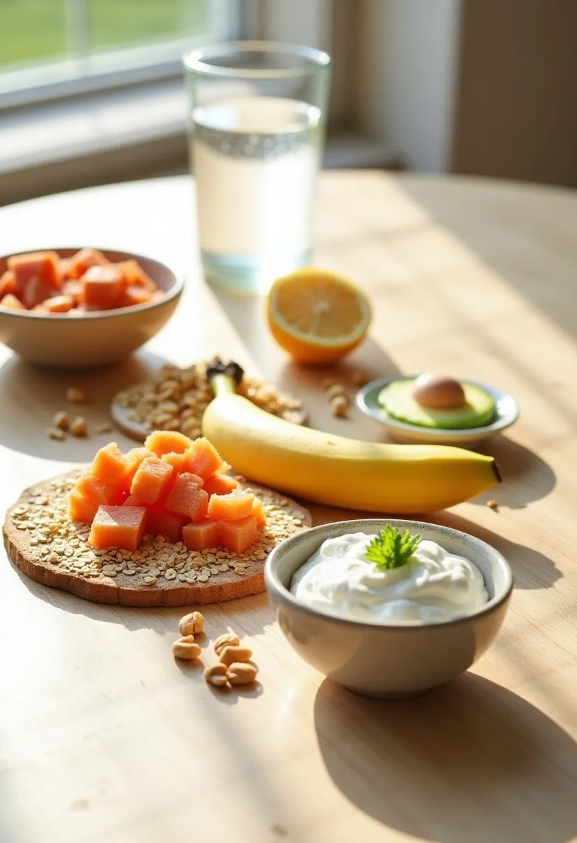 Flat-lay of carbs, protein, healthy fats, and water representing how the body fuels energy and recovery.