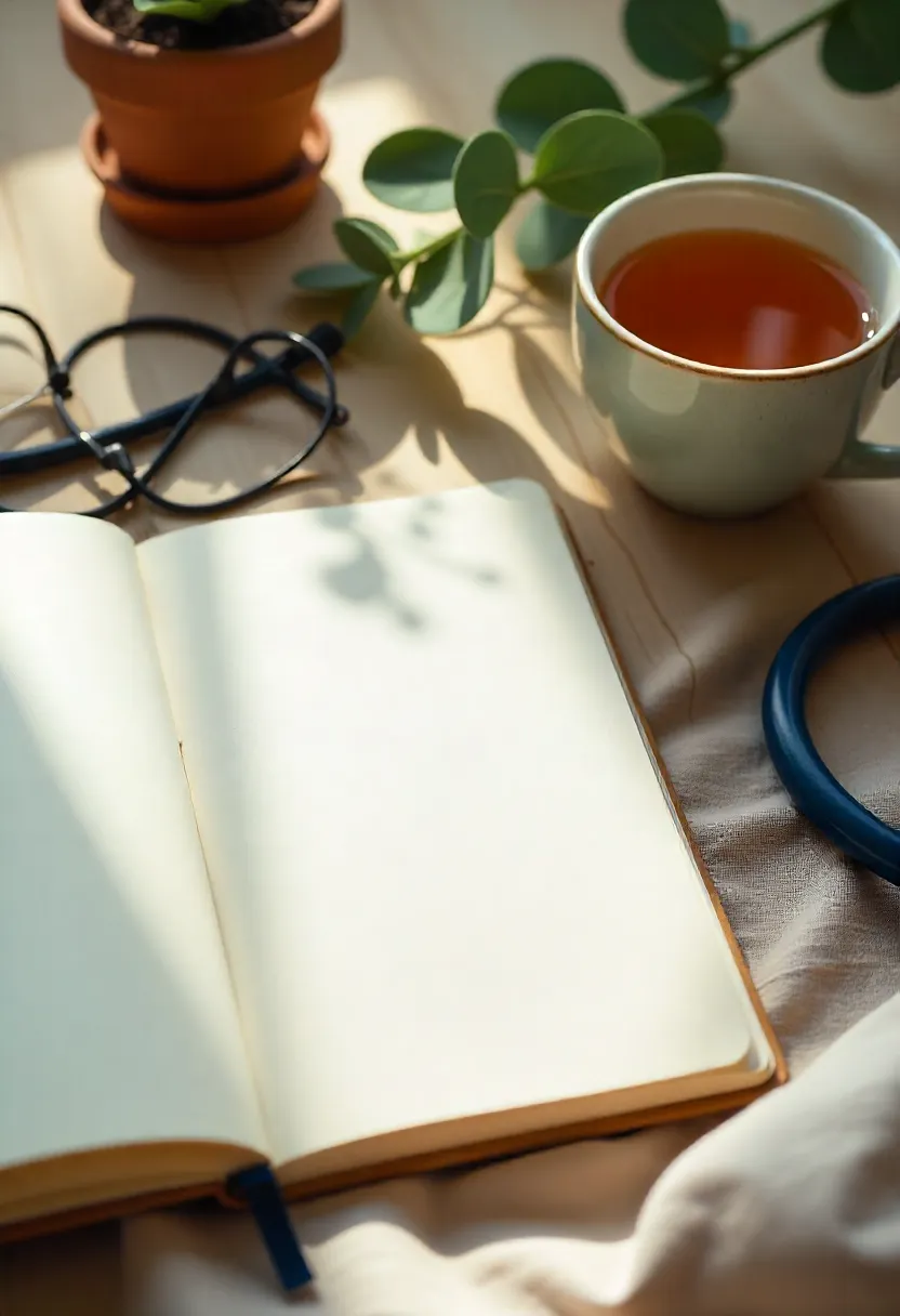 Notebook, glasses, herbal tea, and plant on a calm surface symbolizing mindful reflection and knowing when to seek professional health support.