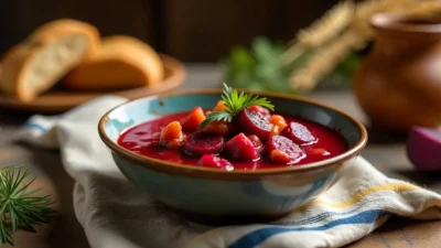 A bowl of Ukrainian beet-braised pork (shpundra) served in a rustic ceramic dish with subtle Ukrainian blue-and-yellow accents and traditional countryside elements.