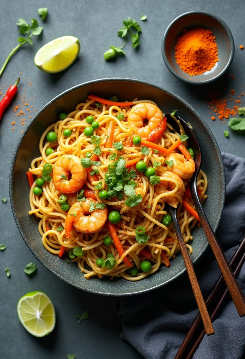 Flat-lay of homemade Singapore noodles with prawns, vegetables, and curry seasoning, styled in a bright, colourful, takeaway-inspired way.