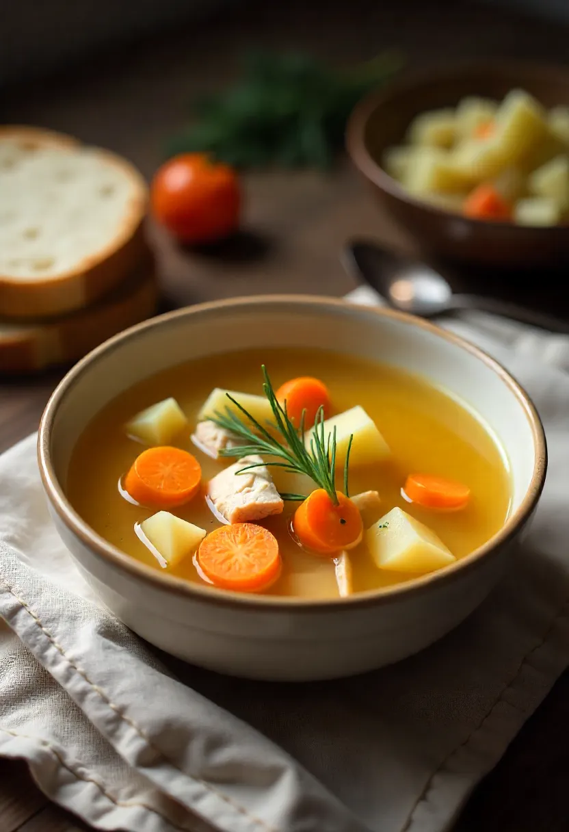 Rustic Slavic-style chicken soup with root vegetables, golden broth, and fresh dill served in a ceramic bowl.