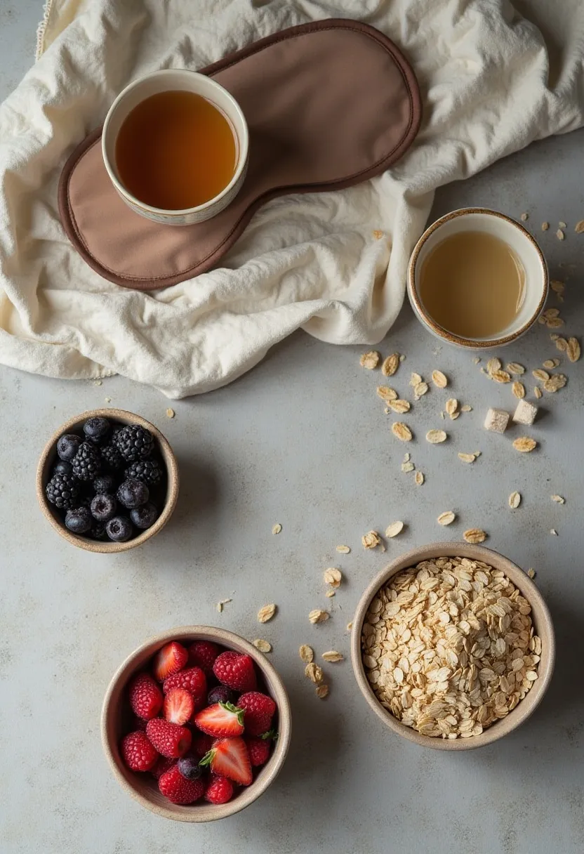 Sleep mask with healthy foods and sugar cubes arranged in a flat-lay to illustrate how poor sleep affects metabolism and blood sugar.