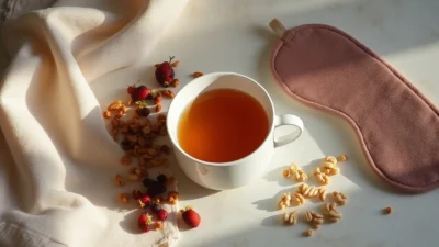 Flat-lay of a sleep mask, herbal tea, and healthy snacks on a calm, cozy surface representing the link between sleep and eating habits.