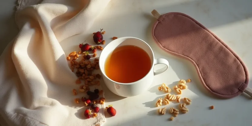 Flat-lay of a sleep mask, herbal tea, and healthy snacks on a calm, cozy surface representing the link between sleep and eating habits.