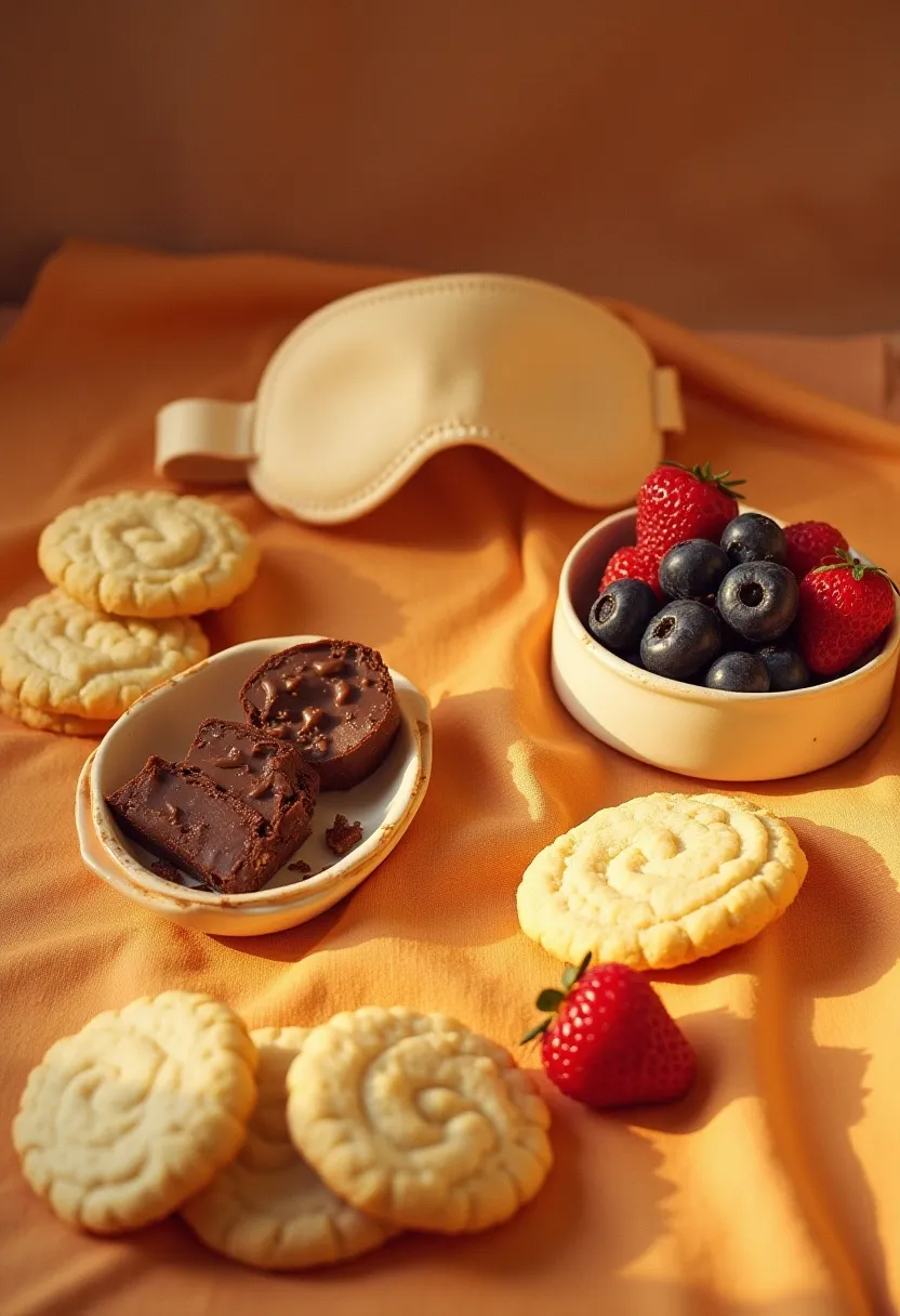 Flat-lay of sugary snacks beside a sleep mask, illustrating increased cravings after poor sleep.