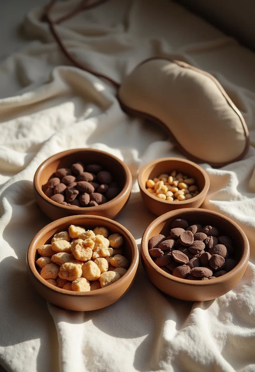 Flat-lay of snacks beside a sleep mask, symbolizing raised hunger hormones from poor sleep.