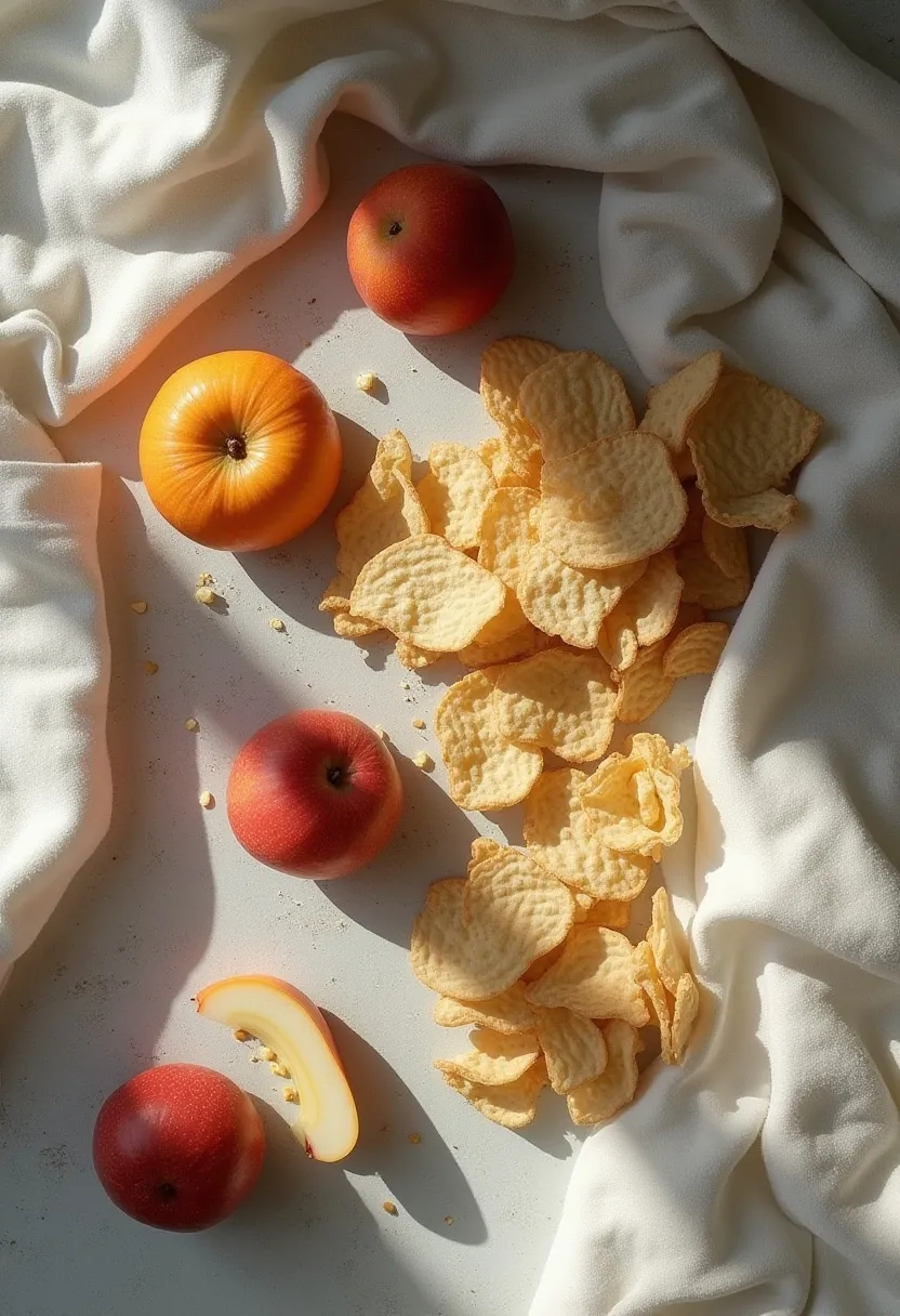 Flat-lay of half-prepared healthy food next to convenience snacks and a sleep mask, symbolizing lost healthy habits from poor sleep.