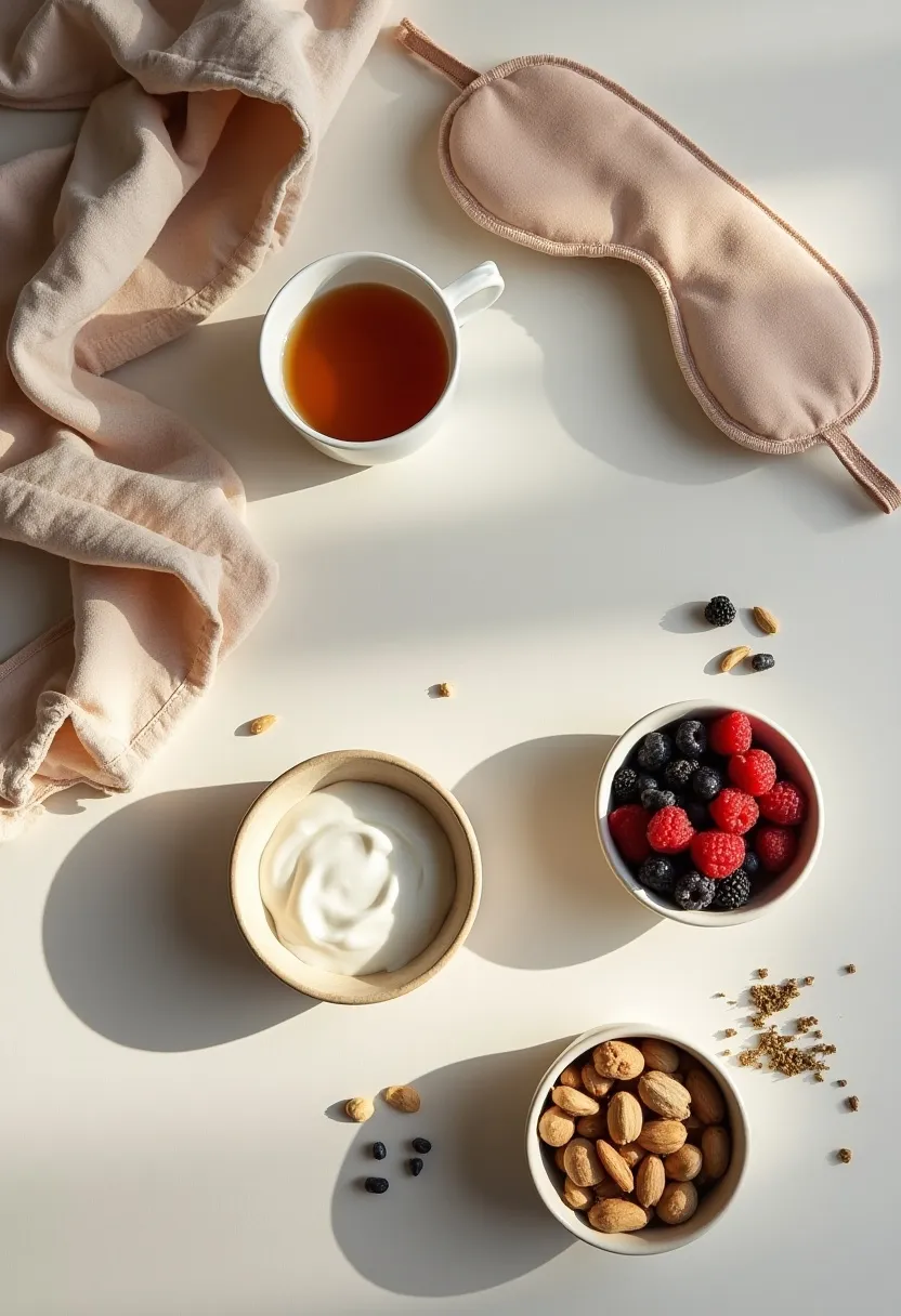 Flat-lay of simple healthy foods and a sleep mask arranged neatly, symbolizing answers to sleep and nutrition questions.