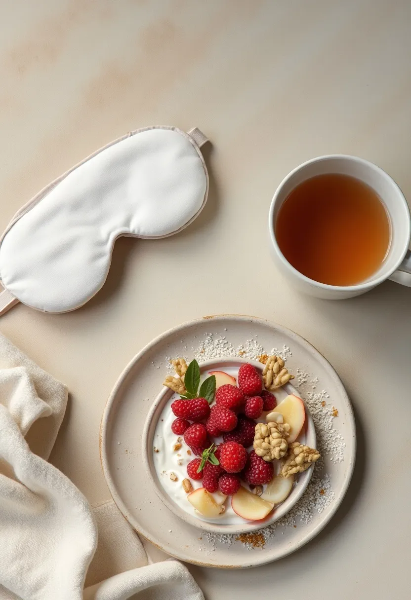 Sleep mask beside healthy foods like berries and nuts with herbal tea on a warm, minimalist surface.