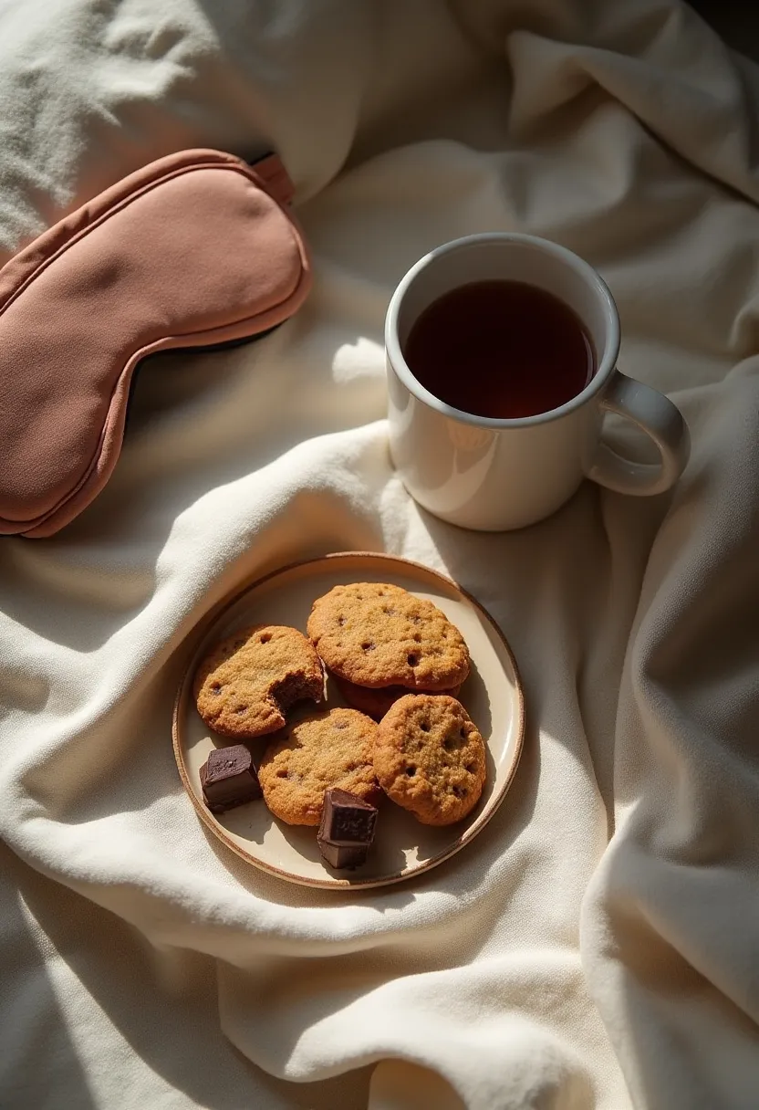 Flat-lay of comfort foods next to a sleep mask, symbolizing emotional eating caused by stress and poor sleep.