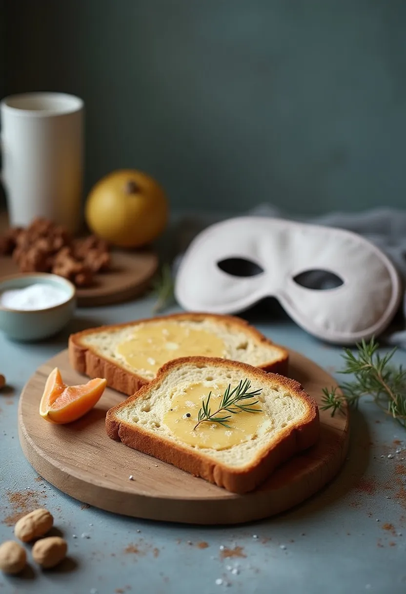 Flat-lay of plain foods and a sleep mask, symbolizing reduced taste sensitivity from sleep deprivation.