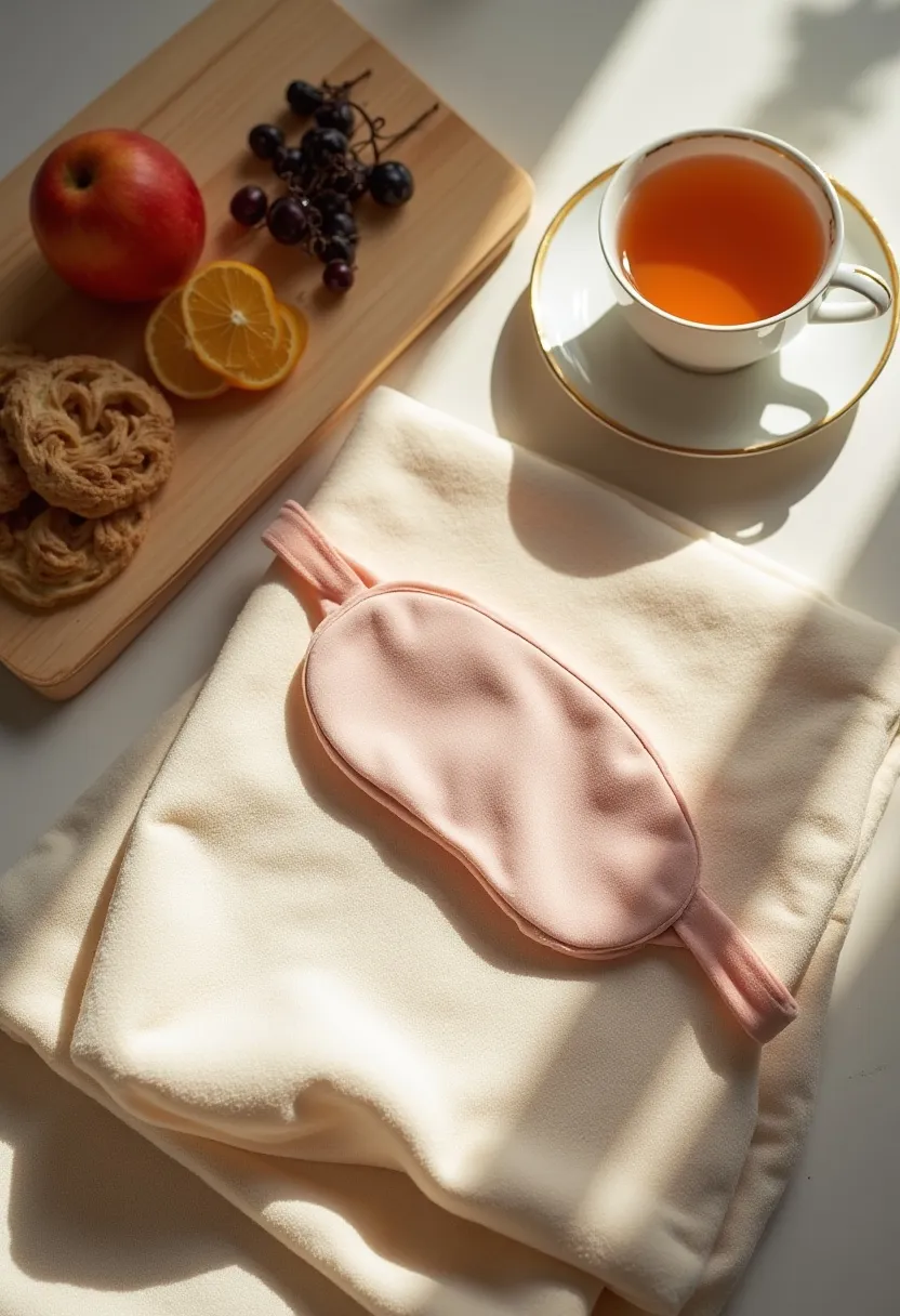 Flat-lay of a sleep mask with healthy foods and herbal tea, symbolizing improved well-being through better sleep.