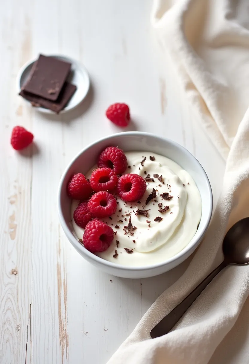 Creamy flat-lay of Greek yogurt topped with raspberries and dark chocolate shavings, styled to evoke a healthy yet indulgent snack.