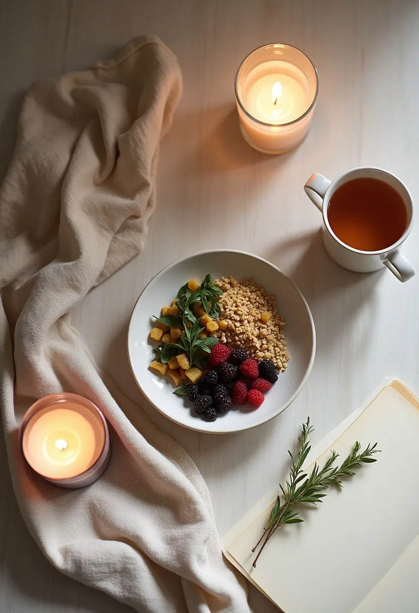 Warm, peaceful flat-lay with a light meal, herbal tea, candle, and open notebook symbolizing small evening choices that support quieter, calmer sleep.