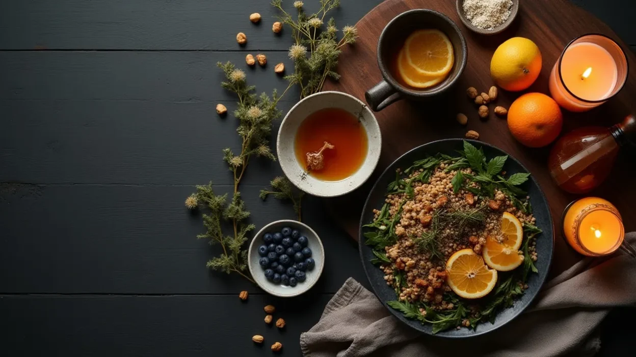 Warm evening flat-lay with herbal tea, honey, berries, nuts, and a light meal arranged in soft natural light to represent foods that can reduce snoring.