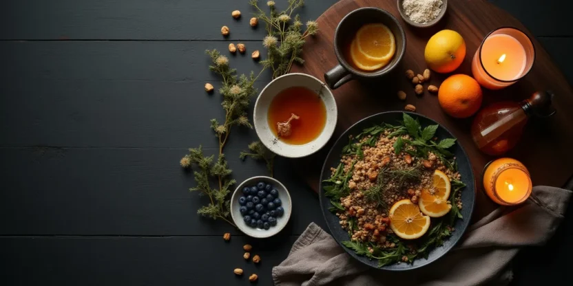 Warm evening flat-lay with herbal tea, honey, berries, nuts, and a light meal arranged in soft natural light to represent foods that can reduce snoring.