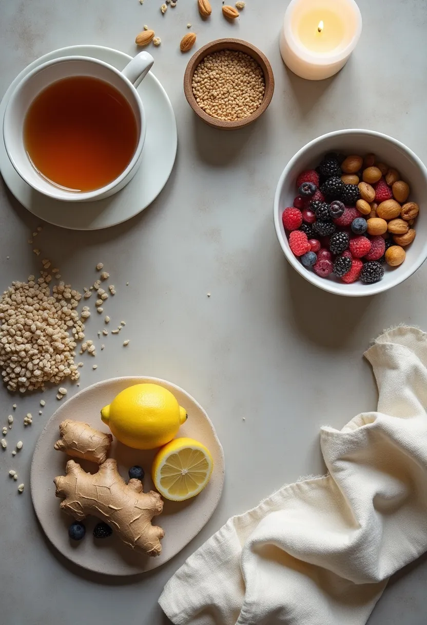 Calm flat-lay with herbal tea, berries, nuts, lemon, and warm evening light symbolizing how food choices influence snoring and nighttime breathing.