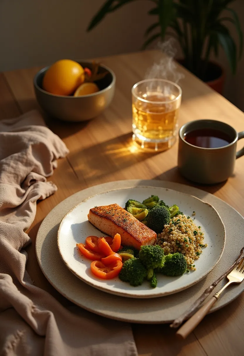 Warm flat-lay of a light evening meal with vegetables, protein, herbal tea, and subtle timing cues to illustrate healthy pre-bed eating habits.