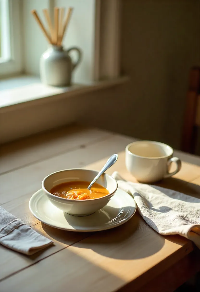 Half-finished bowl of soup and cup of tea on a rustic table in soft daylight, symbolizing calm and self-kindness for new mums.