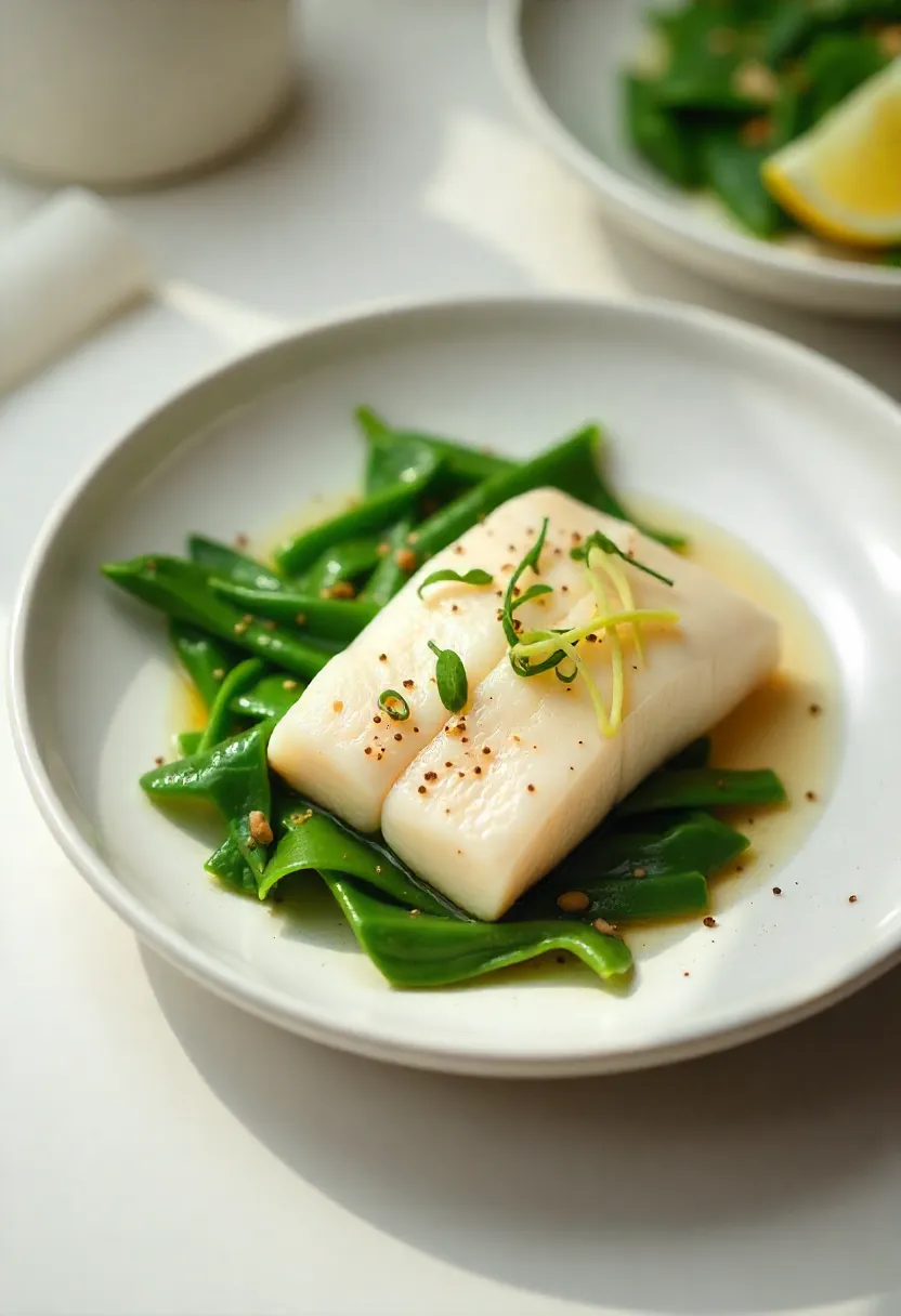 Steamed white fish with ginger and leafy greens, served with lemon on a clean minimalist plate in bright natural light.
