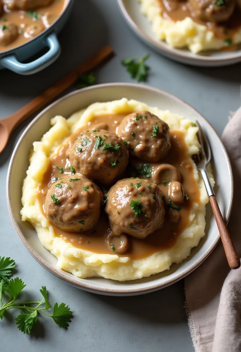 Stroganoff meatballs in creamy sauce served over mashed potatoes on a rustic surface.
