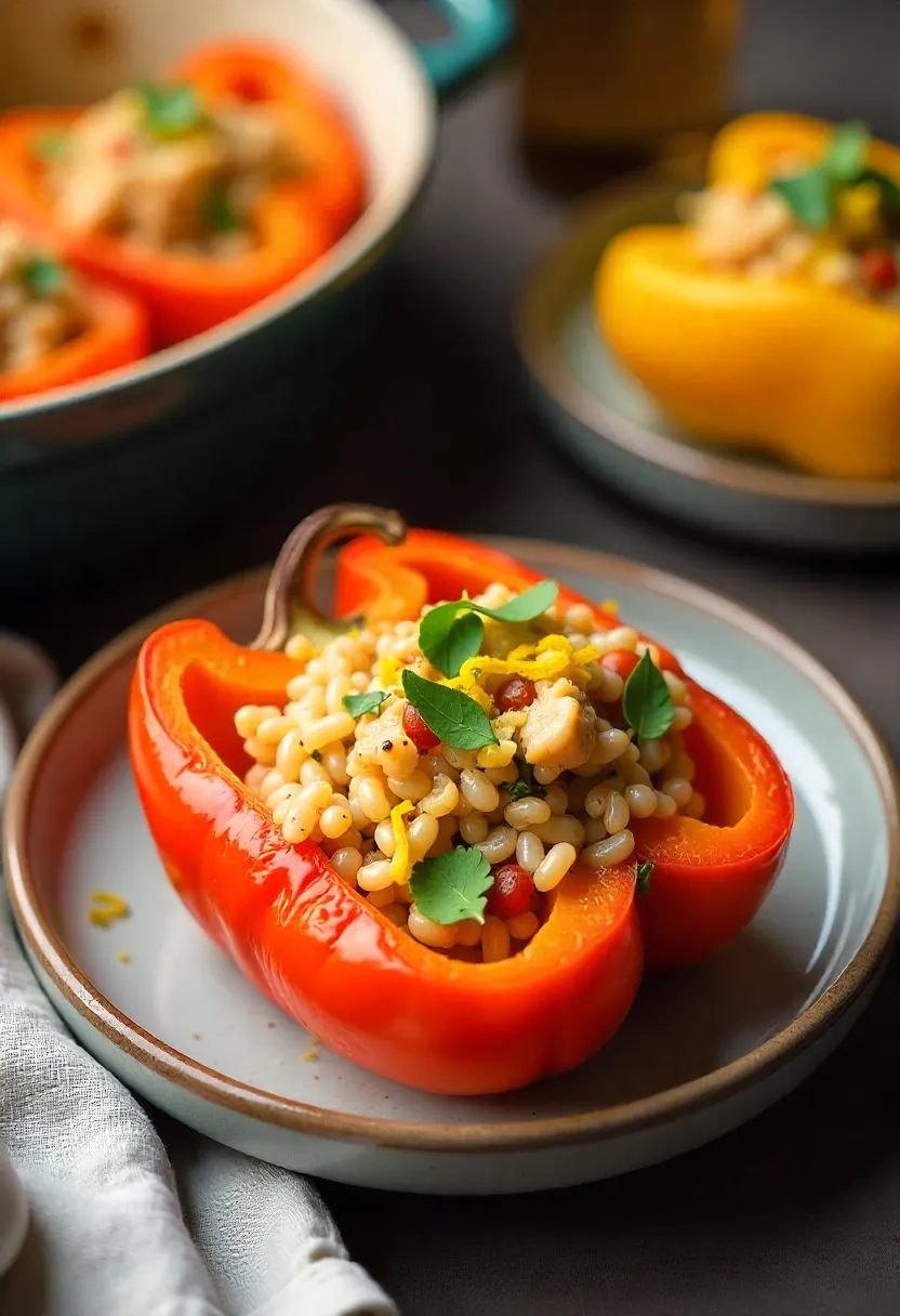 Colorful roasted bell peppers stuffed with turkey, brown rice, and herbs served in a rustic dish.