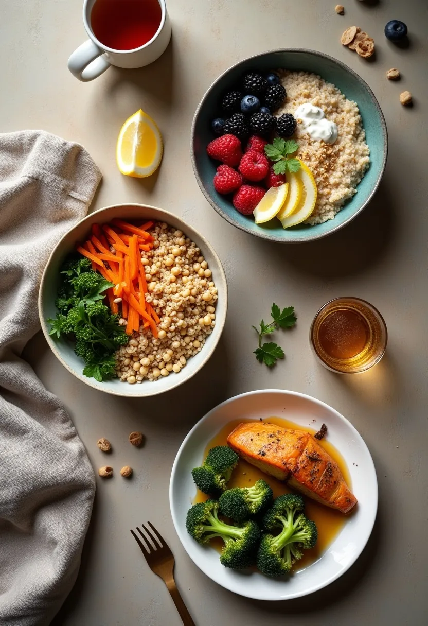 Flat-lay of three balanced meals — oatmeal with berries, a quinoa bowl with vegetables, and a salmon dinner — styled in warm natural light.