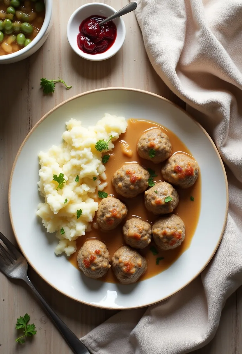 Flat-lay of homemade Swedish meatballs with creamy gravy, mashed potatoes, and lingonberry jam styled in a cozy Scandinavian way.
