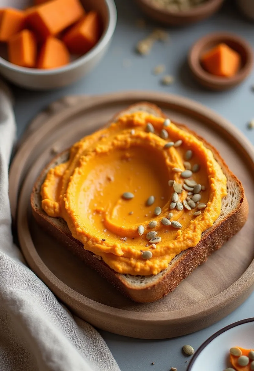 Warm flat-lay of whole-wheat toast topped with sweet potato and pumpkin seed hummus, styled as a healthy dessert-like mini meal.