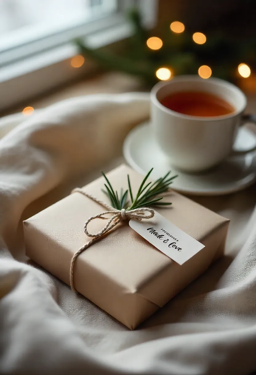 A small handmade gift wrapped with linen string and herbs beside a warm cup and candle, symbolizing thoughtful and heartfelt homemade giving.