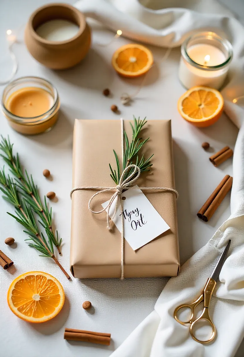 Crafting supplies for thoughtful handmade Christmas gifts, including kraft paper, twine, dried oranges, herbs, spices, jars, and handwritten tags on a cozy winter table.