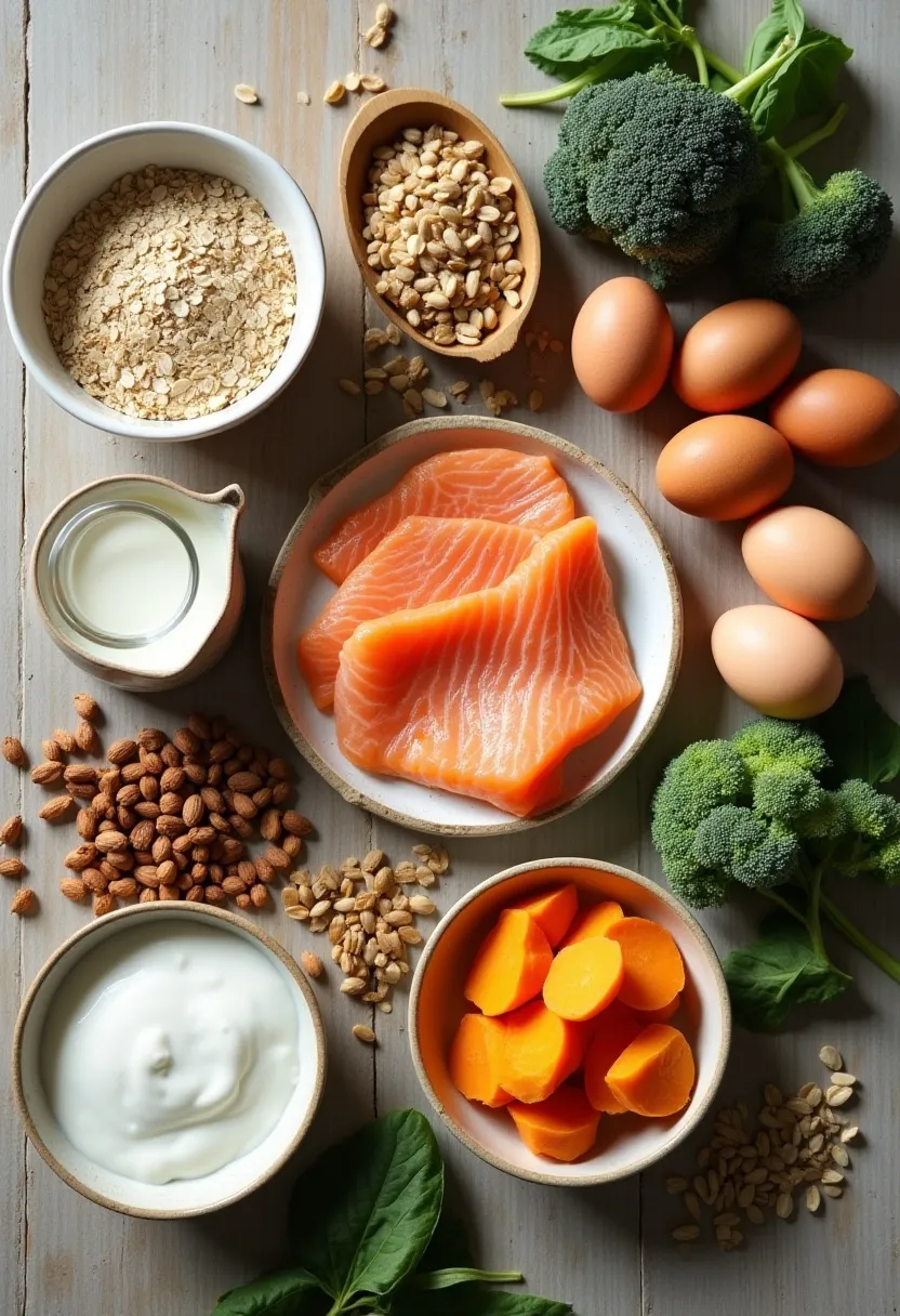 Flat-lay of top fitness foods including oats, milk, yoghurt, eggs, salmon, sweet potatoes, dried fruit, leafy greens, broccoli, nuts, and seeds.